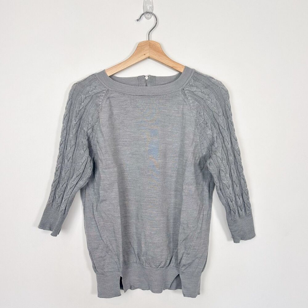 Karen Millen Women's Gray Cable Knit Half Sleeve Sweater Sz 4 Wool Blend